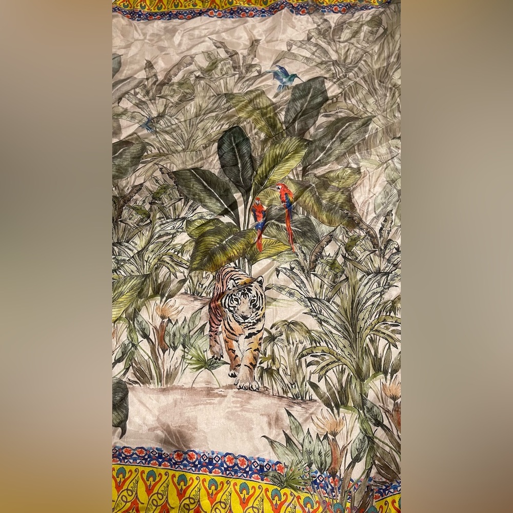 JOHNNY WAS Silk Scarf Tiger Botanicals Parrot Boho Wrap w/ Tassels - Picture 5 of 7